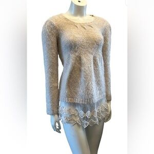 QED London Fuzzy Soft Cream Sweater with Lace Hem